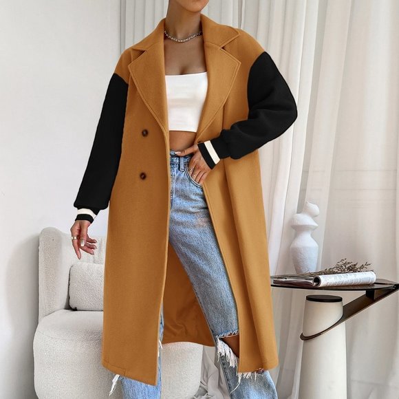 Multicolor Casual Womens Colorblock Drop Shoulder Double Breasted Overco… - Picture 4 of 5